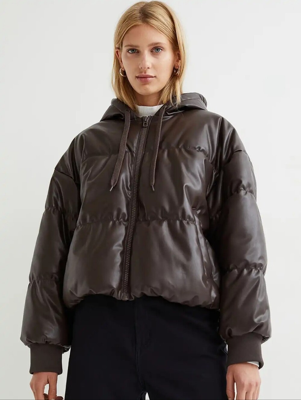 H&M Brown Vegan Leather Puffer Jacket with Hood - Size XS - New With Tags